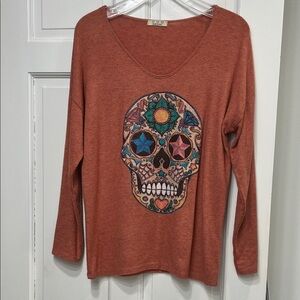 Made in Italy Rust Long Sleeve Top with Skull Design